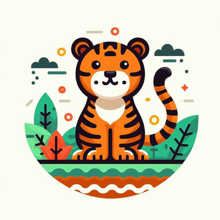 Cute tiger in the jungle. Vector illustration in flat style.のイラスト素材