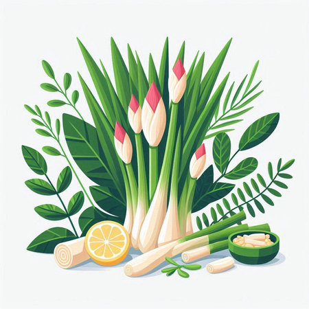 Flowering spring onions and lemons set. Vector illustration.のイラスト素材