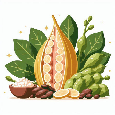 Cocoa beans and cocoa pod with leaves, vector illustration.のイラスト素材