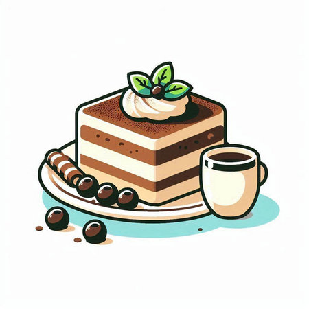 Illustration of a tiramisu cake with a cup of coffeeのイラスト素材