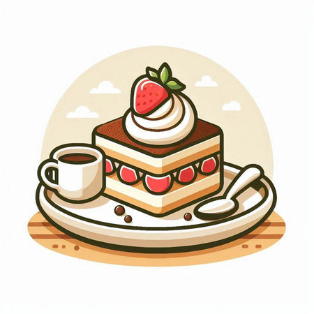 Vector illustration of a piece of cake with strawberries and a cup of coffeeのイラスト素材