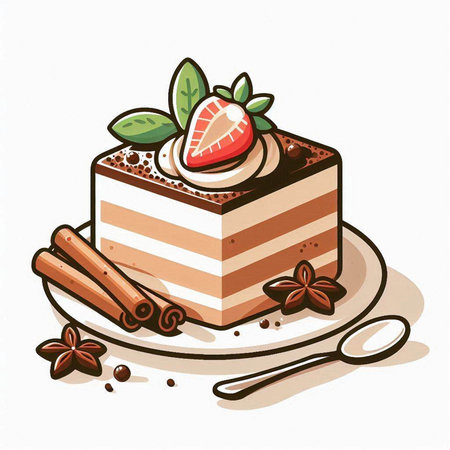 Piece of chocolate cake with strawberry and cinnamon. Vector illustration.のイラスト素材