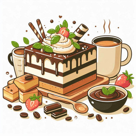Coffee and cake. Hand drawn vector illustration on white background.のイラスト素材
