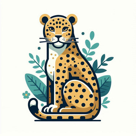 Vector illustration of a cute cheetah sitting on a floral backgroundのイラスト素材