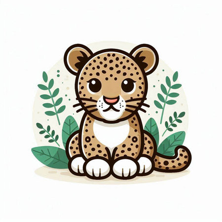 Cute leopard cartoon character with green leaves. Vector illustration.のイラスト素材