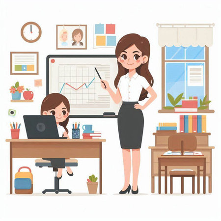 Businesswoman and girl working in office. Vector illustration in cartoon style.のイラスト素材