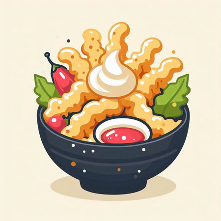 Illustration of a bowl of deep fried chinese noodle with sauceのイラスト素材
