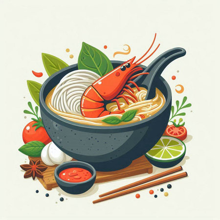 Noodle soup with shrimps in bowl. Vector illustration.のイラスト素材