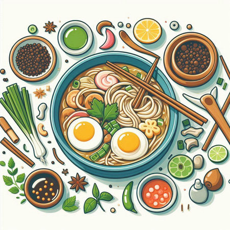 Noodle soup with egg, vegetables, herbs and condiments. Vector illustrationのイラスト素材