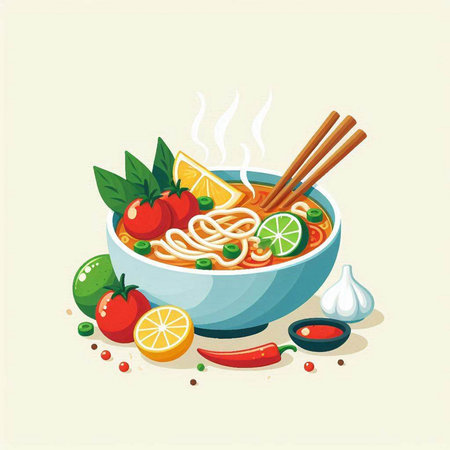Noodle soup with vegetables and herbs in bowl. Vector illustration.のイラスト素材