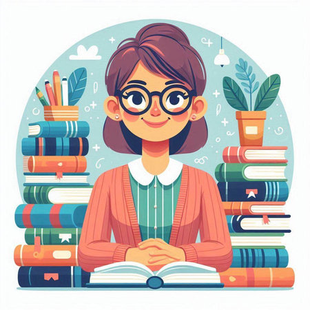 Young woman reading a book. Education concept. Vector illustration in cartoon style.のイラスト素材