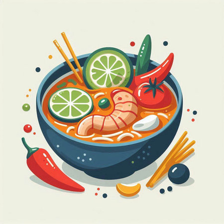 Tom Yum soup in bowl. Vector illustration in cartoon style.のイラスト素材