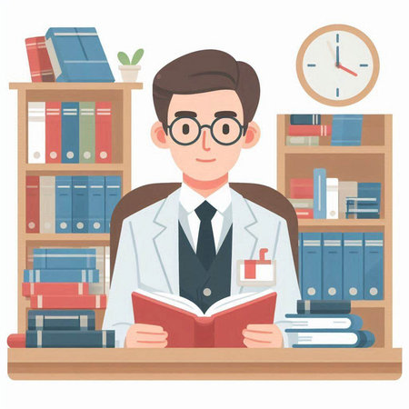 Male doctor sitting on bookshelf and reading a book. Young man in glasses reading a book. Vector flat design illustration isolated on white background.のイラスト素材