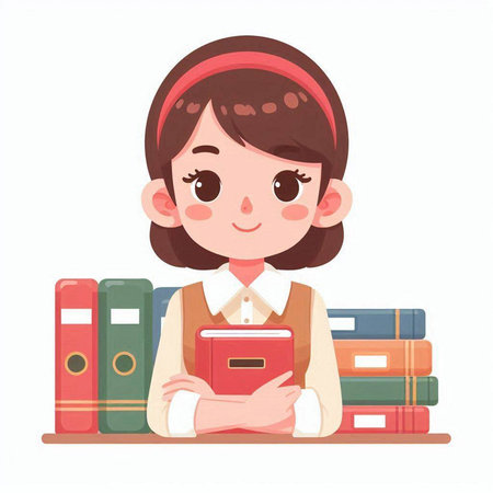 Cute little girl reading a book in library. Vector illustration.のイラスト素材
