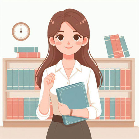 Businesswoman holding a book in her hands. Girl standing in the office. Vector illustration.のイラスト素材