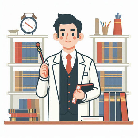 Vector illustration of a doctor in a white coat standing in front of bookshelves.のイラスト素材