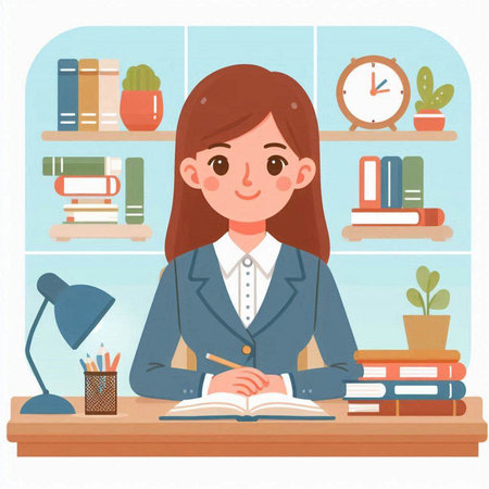 Young businesswoman sitting at the desk and reading a book. Vector illustrationのイラスト素材
