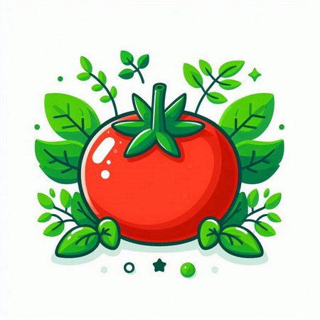 Tomato with green leaves on a white background. Vector illustration.のイラスト素材