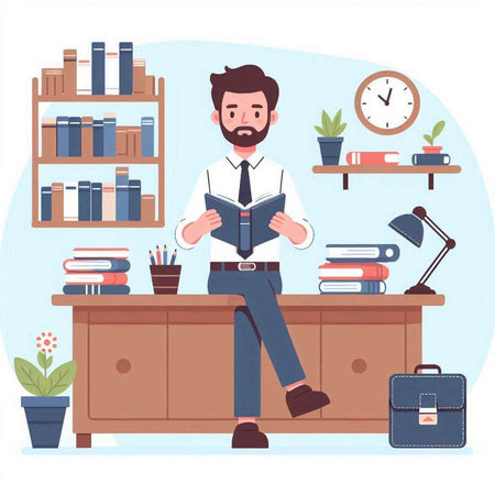 Businessman reading a book in office. Vector illustration in flat styleのイラスト素材