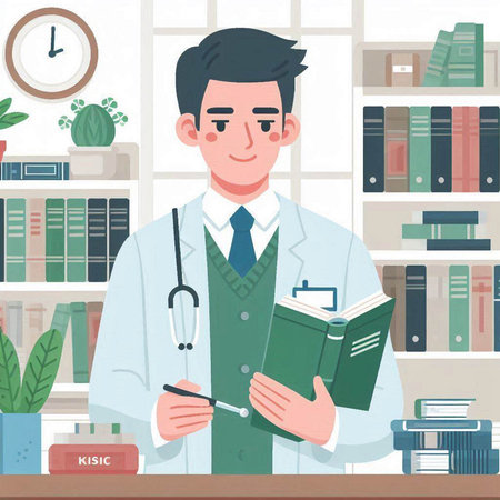 Doctor with stethoscope and book in the office. Vector illustrationのイラスト素材