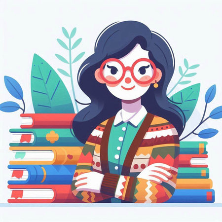 Young woman with glasses standing near pile of books. Vector illustration.のイラスト素材