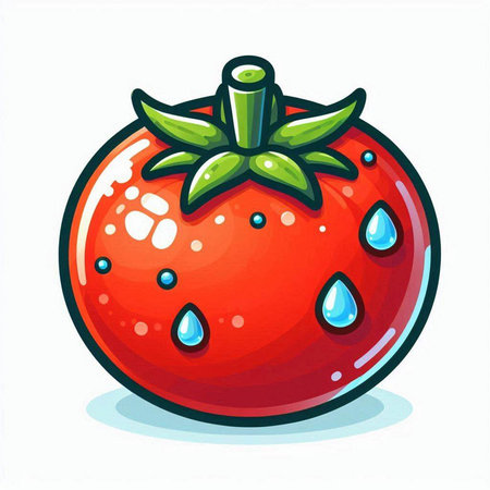 Tomato icon. Vector illustration of a tomato with drops of water.のイラスト素材