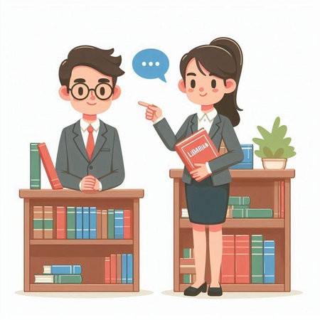 Businessman and businesswoman talking in the library. Vector illustration.のイラスト素材