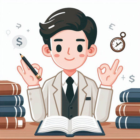 Illustration of a Man Reading a Book and Making an OK Signのイラスト素材