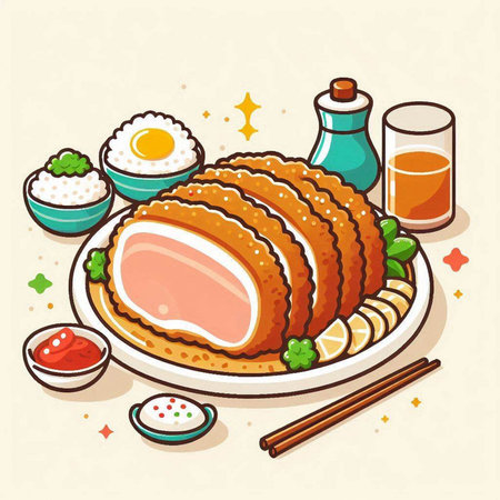Illustration of Japanese food. Roast pork with rice and egg.のイラスト素材