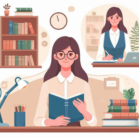 Female student studying at home. Education and learning concept. Vector flat illustrationのイラスト素材