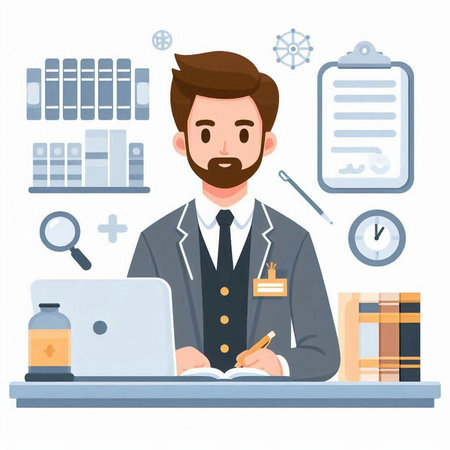 Businessman working at the office. Vector illustration in a flat styleのイラスト素材