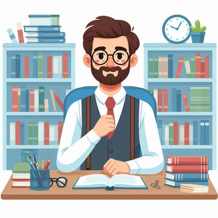 Male teacher in the library. Vector illustration in flat cartoon style.のイラスト素材