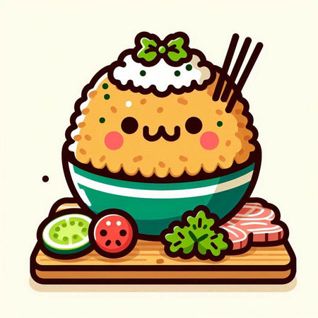 Kawaii rice bowl with kawaii character. Vector illustration.のイラスト素材