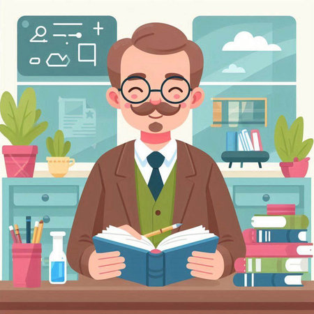 Man reading a book in the library. Vector illustration in flat styleのイラスト素材