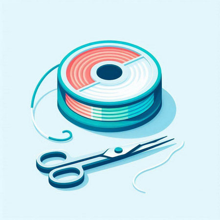 Scissors and reel of thread on blue background. Vector illustration.のイラスト素材