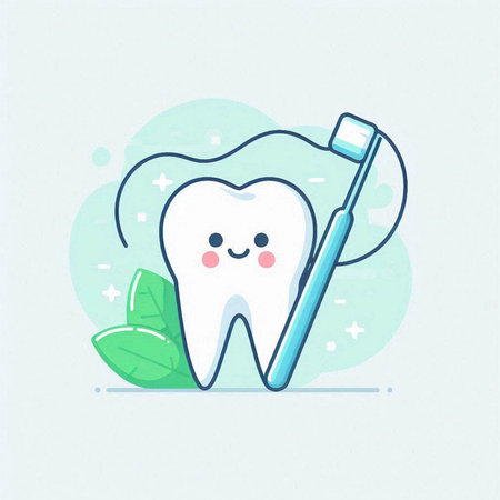 Cute cartoon tooth with toothbrush and green leaves. Vector illustrationのイラスト素材