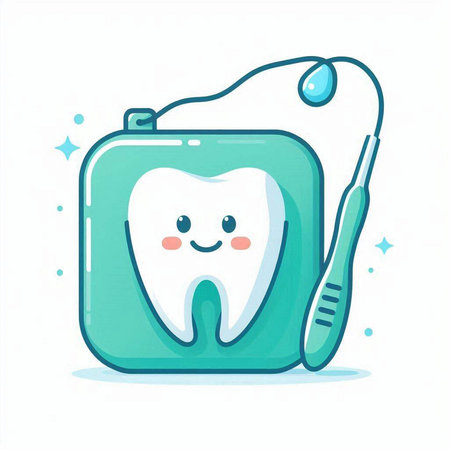 Cute cartoon tooth character with dental floss. Vector illustration.のイラスト素材