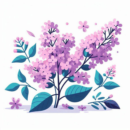 Flowering branch of lilac with leaves. Vector illustration.のイラスト素材