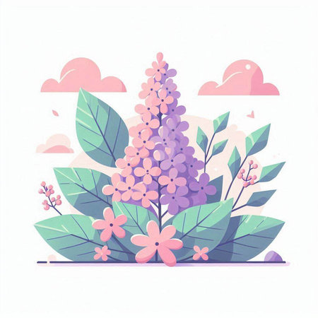 Flowering branch of lilac on a background of clouds. Vector illustration.のイラスト素材