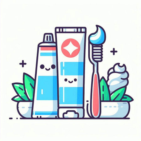 Vector illustration of toothpaste, toothbrush and toothpaste in flat line style.のイラスト素材