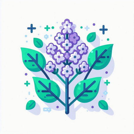 Lilac flowers with green leaves. Vector illustration in flat style.のイラスト素材