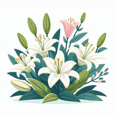 Bouquet of white lilies with green leaves. Vector illustration.のイラスト素材