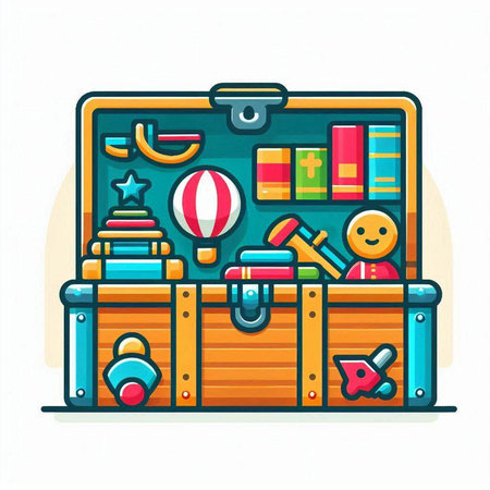 Wooden box with toys. Vector illustration in a flat style.のイラスト素材