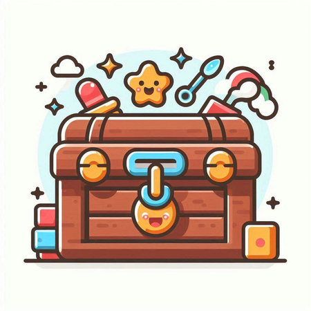 Wooden treasure chest with toys. Vector illustration in a flat styleのイラスト素材
