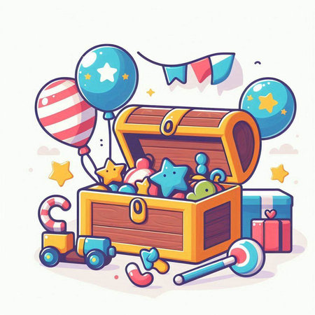 Vector cartoon illustration of a treasure chest with balloons, stars and other items.のイラスト素材