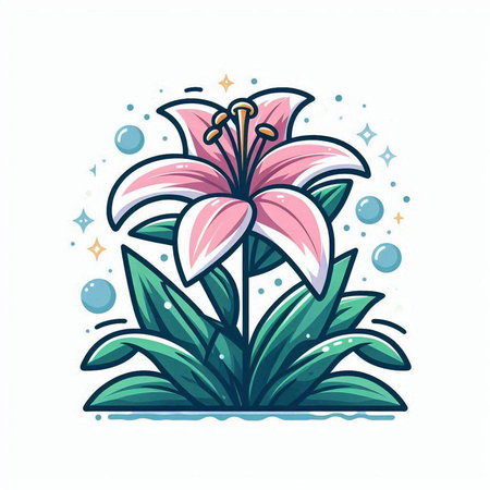 Beautiful pink lily flower in cartoon style. Vector illustration.のイラスト素材