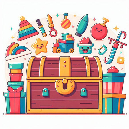 Colorful vector illustration of a chest full of toys and gifts.のイラスト素材