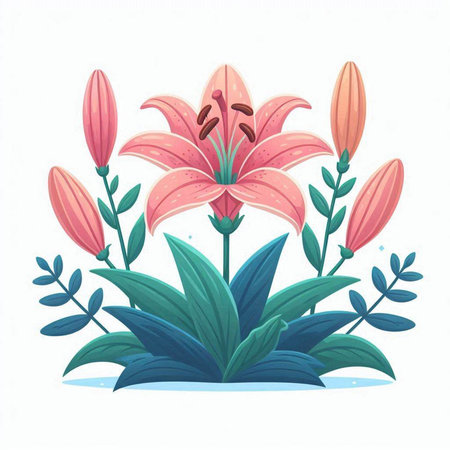 Beautiful pink lily flowers with green leaves. Vector illustration.のイラスト素材