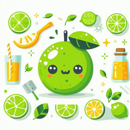 Cute kawaii lime fruit character with smoothie, vector illustrationのイラスト素材