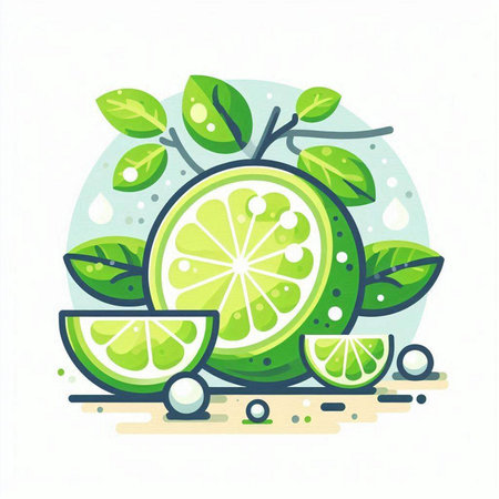 Citrus fruit, lime slice and green leaves. Vector illustration.のイラスト素材